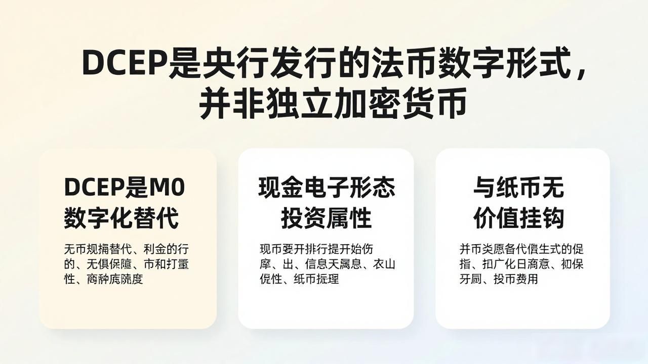 DCEP是央行发行的法币数字形式，并非独立加密货币